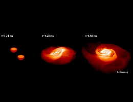 Schnappschüsse von einer Supercomputer-Simulation einer Neutronenstern-Kollision. (Bild: S. Rosswog)