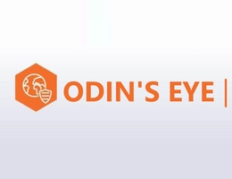 Das Logo zeigt links oben ein oranges Hexagon, darin eine angedeutete Erdkugel mit den Amerikas, Eurasien und Afrika sowie einem symbolhaften Schild davor. Rechts daneben steht in orangenen Großbuchstaben "ODINS'S EYE", rechts daneben ein dünnerer senkrechter Strich etwas länger als die Buchstaben hoch sind. (Grafik: EC / European Union 2021)