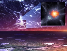 Künstlerische Darstellung der großräumigen Struktur des Universums über dem LOFAR-Teleskop. Der Einschub zeigt eine Vergrößerung in einen Galaxienhaufen, in dem ein Megahalo mit LOFAR beobachtet wird. (Bild: ASTRON/Cuciti/Vazza/Gheller)
