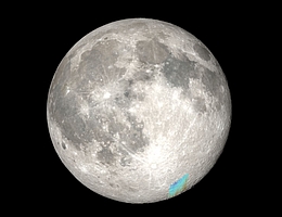 Eine Visualisierung des Mondes mit der Region, in der SOFIA Wasser beobachtet hat (in blau). (Foto: NASA's Goddard Space Flight Center Scientific Visualization Studio/Ernie Wright)