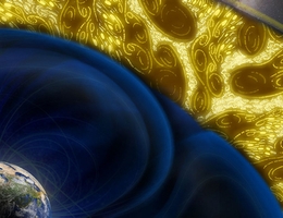 Künstlerische Darstellung der Turbulenzwirbel in der Magnetosphäre der Erde von großen zu kleinen Skalen. Eine zunehmende Helligkeit zeigt eine steigende Nichtlinearität an. (Bild: Siqi Zhao & Huirong Yan)