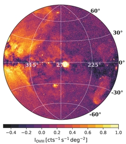 Dieses Bild zeigt die gesamte westliche galaktische Hemisphäre, die mit dem eROSITA-Teleskop im weichen Röntgenlicht beobachtet wurde. Es zeigt insbesondere die Emission von stark ionisiertem Sauerstoff und gibt damit Aufschluss über die Verteilung des heißen Gases rund um die Milchstraße. (Bild: J. Sanders, MPE/eROSITA)