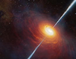 Eine hell leuchtende Akkretionsscheibe wie ein Wasserstrudel, die um ein Zentrum zu spiralisieren scheint. Im rechten Winkel dazu wird ein Jet entlang der Rotationsachse der Akkretionsscheibe, nach oben und unten hinausgeschossen.