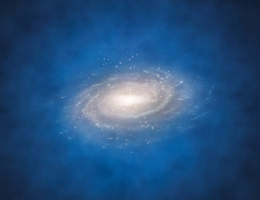 Grafik: Eine Galaxie, die sich mitten in einer blauen diffusen Wolke befindet.