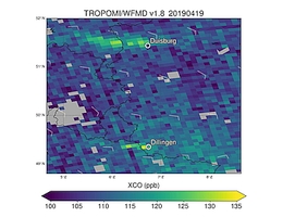 Kohlenstoffmonoxid (CO)-Abgasfahnen de Stahlstandorte Duisburg und Dillingen, erfasst im April 2019 von Sentinel-5P. (Illustration: Andrea Kaiser / DWD)