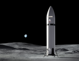 Diese künstlerischen Darstellungen zeigen das Starship Human Landing System (HLS) von SpaceX auf dem Mond. Die NASA arbeitet mit SpaceX zusammen, um das Starship HLS zu entwickeln, das Astronauten für Artemis III und Artemis IV im Rahmen der Artemis-Kampagne der NASA von der Mondumlaufbahn zur Mondoberfläche und zurück bringen soll. Mit etwa 50 m (165 Fuß) wird Starship HLS etwa so hoch sein wie ein 15-stöckiges Gebäude. Ein Aufzug an Bord von Starship HLS wird für den Transport von Besatzung und Fracht zwischen dem Lander und der Mondoberfläche eingesetzt. (Bild: SpaceX)