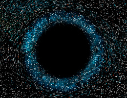 Künstlerische Darstellung eines stellaren Schwarzen Lochs: Ein völlig schwarzes Loch befindet sich vor einem Hintergrund aus Sternen im Weltraum. Das Licht der Sterne ist in der scheinbaren Nähe des Schwarzen Lochs verschmiert und in andere Wellenlängen verschoben.