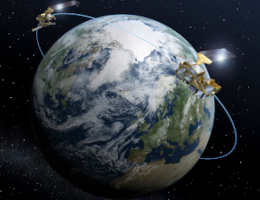 Aufbauend auf der ersten Serie von MetOp-Wettersatelliten umfasst die Mission „MetOp Second Generation“ drei Satellitenpaare, die wichtige Daten aus der polaren Umlaufbahn für Wettervorhersagen über die Jahrzehnte nach 2020 liefern sollen. Das Bild zeigt rechts den Satelliten vom Typ A, der auch das Instrument Copernicus Sentinel-5 trägt, und links den Satelliten vom Typ B. Die Satelliten vom Typ A und B sind mit unterschiedlichen, sich jedoch ergänzenden, bemerkenswerten Instrumenten ausgestattet. Insgesamt umfasst das Paket zehn verschiedene Instrumente auf beiden Satelliten, von denen einige auf dem soliden Erbe der ersten MetOp-Serie basieren und andere völlig neu sind. MetOp Second Generation Bild: ESA