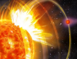 Künstlerische Darstellung von Danielle Futselaar. Die Illustration zeigt den Mutterstern HIP 67522 und seinen umkreisenden Planeten HIP 67522 b. Eine starke Sterneruption bricht aus dem Stern hervor und ist auf den Planeten gerichtet. Das Bild visualisiert auch die Magnetfeldlinien des Sterns und verdeutlicht die magnetische Verbindung zwischen Stern und Planet. Bild: ASTRON