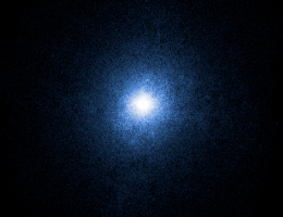 Das Röntgenbild des Schwarzen Lochs Cygnus X-1 zeigt ein helles blaues Licht in der Mitte, umgeben von einem dunklen Hintergrund. Die blaue Quelle hat ein körniges, leuchtendes Aussehen, das an einen sehr großen, aber leicht unscharfen Stern erinnert.