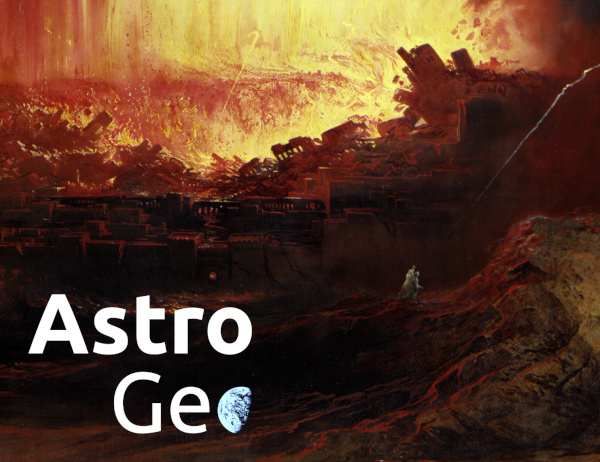 Dramatisches Gemälde einer Stadt, die in einer Feuersbrunst zusammenstürzt, im Vordergrund drei Menschen auf einer Anhöhe, näher an der Stadt eine einzelne Person, die sich umwendet und zu verharren scheint.