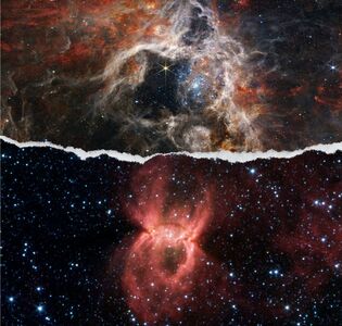 Oben der Tarantelnebel, unten der Schwarze-Witwennebel. Bild: NASA, ESA, CSA, STScI, Webb ERO Production Team und NASA/JPL-Caltech/Univ. of Wisc.