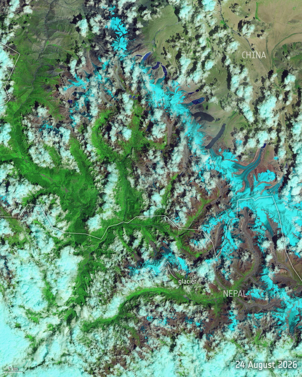 Gletschereinsturz und Überschwemmung in Nepal – vorher und nachher Credit: enthält modifizierte Copernicus-Sentinel-Daten (2026) und Landsat-9-Daten, die von der ESA aufbereitet wurden; Licence: CC BY 4.0 INT oder ESA Standard Licence