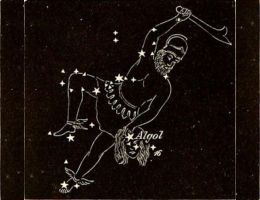Eine Zeichnung von Perseus im Nachthimmel, posierend mit dem agetrennten Kopf der Medusa. Bild: Internet Archive Book Images.